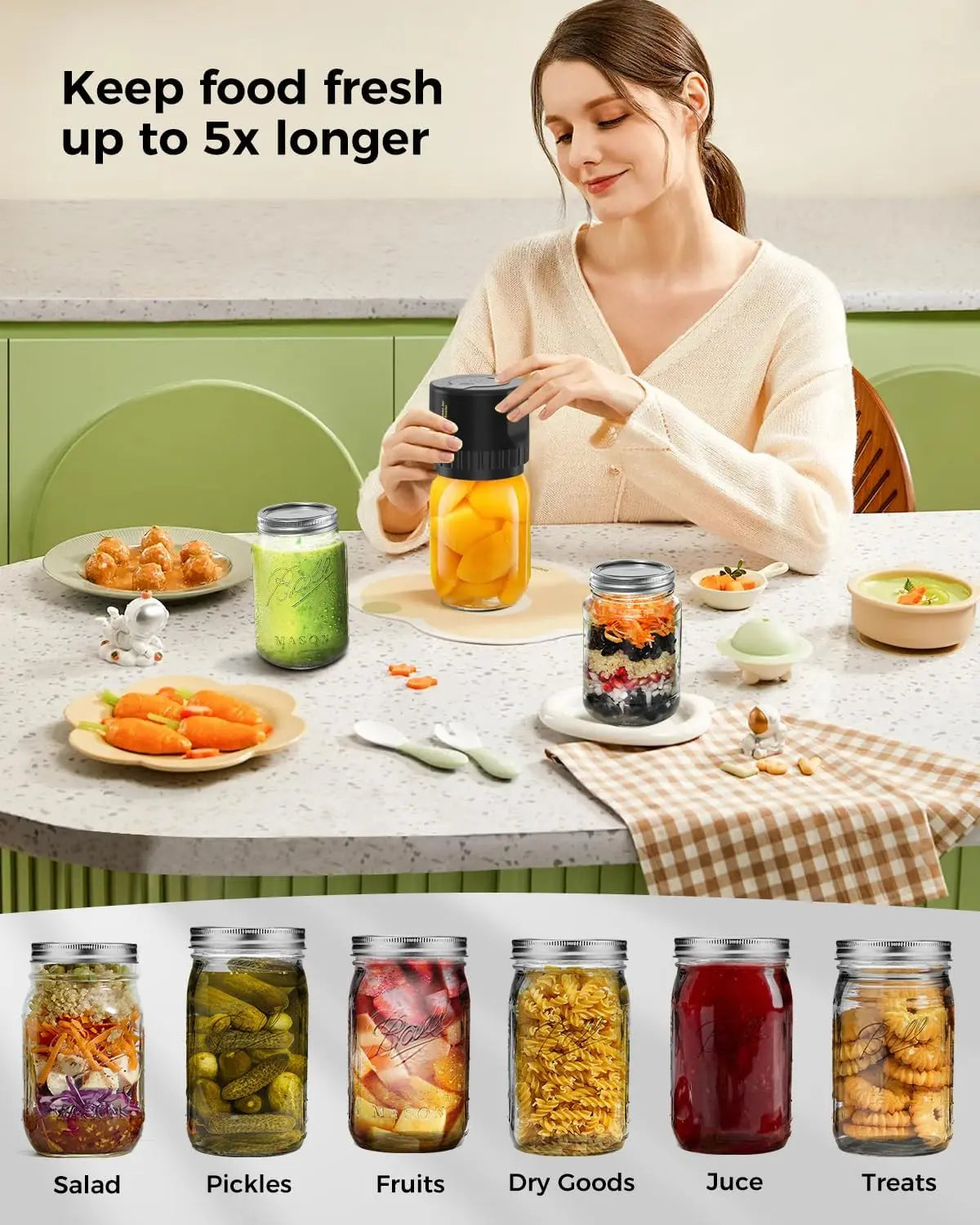 Jar Vacuum Sealer with Rechargeable Cordless Pump and One-Hand Use, Fits Jars Up to 3.4in Veldora
