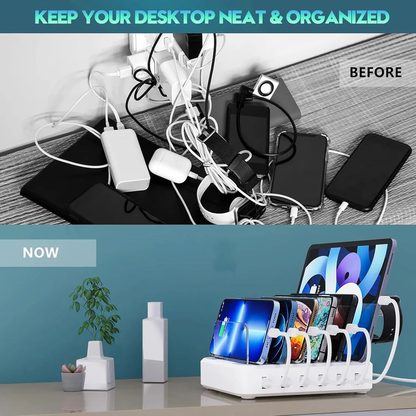 Six-Port Charging Station with Smart Fast Charging and Adjustable Dividers, 7 Cables Veldora