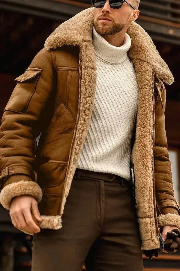 Men's Sheepskin Leather Jacket with Plush Lining and Front Zipper, Tailored Fit Veldora