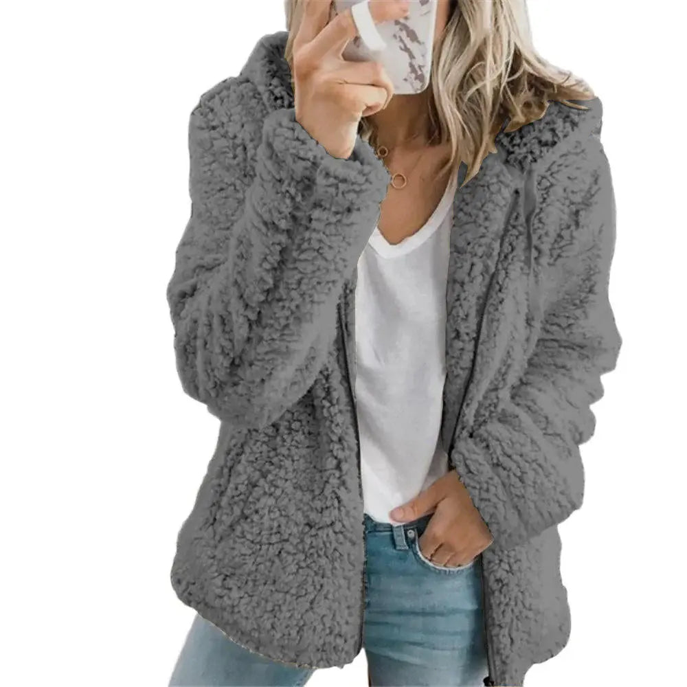 Teddy Fleece Coat with Front Pockets and Zipper, Relaxed Hip-Length Fit Veldora