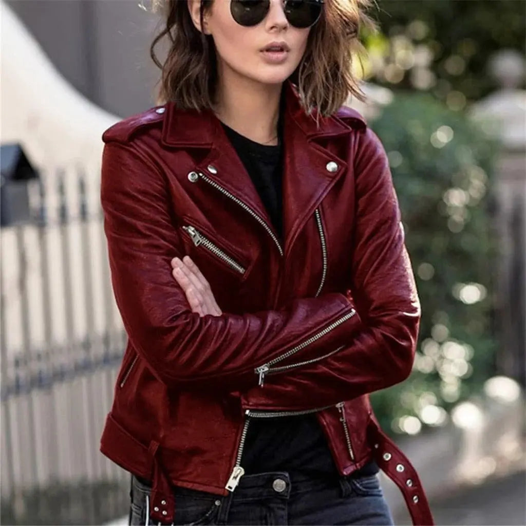 Leather Jacket with Asymmetrical Front Zipper and Multiple Zipper Pockets, Tailored Fit Veldora