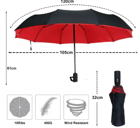 Folding Umbrella with Wind-Resistant Frame and Automatic Open, Water-Repellent Veldora