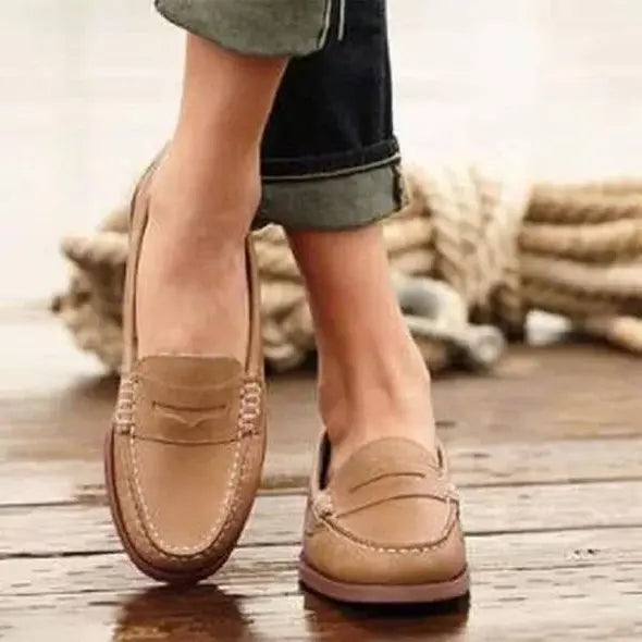Women's Slip-on Loafers with Low Block Heel and Cushioned Insole, Faux Leather Upper Veldora