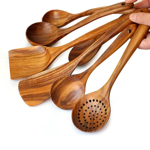 Teak Wood Utensil Set with Hand-Polished Handles and Heat-Resistant Grip, 8 Pieces Veldora