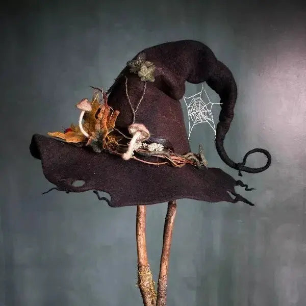 Felt Witch Hat with Silk Chiffon Trim and Adjustable One-Size Fit, Breathable Wool Veldora