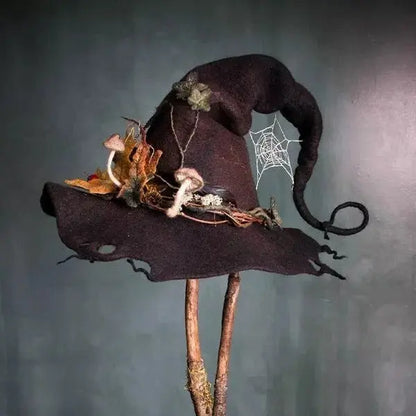 Felt Witch Hat with Silk Chiffon Trim and Adjustable One-Size Fit, Breathable Wool Veldora
