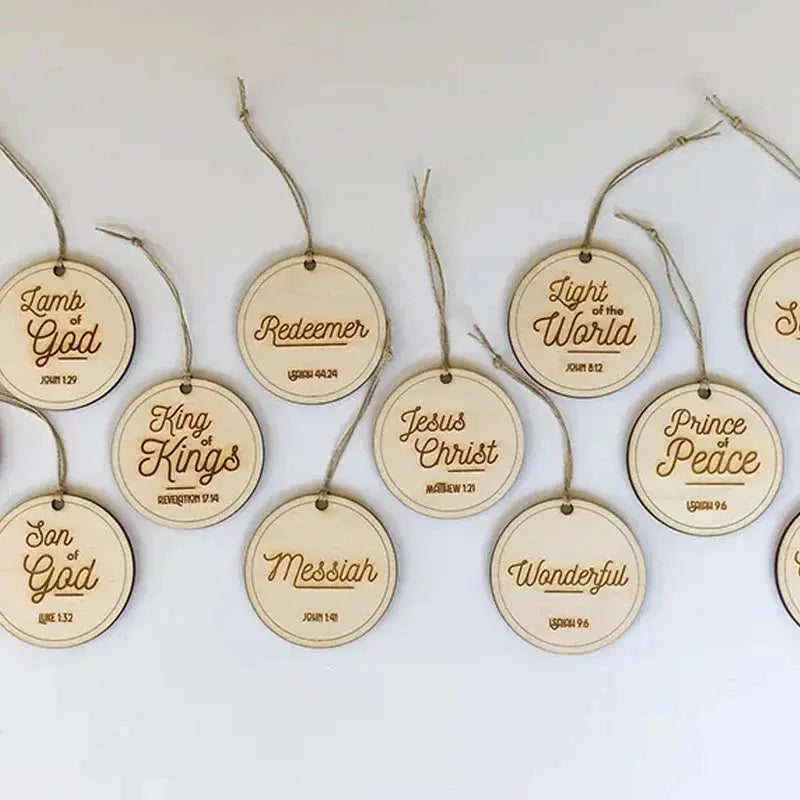 Advent Ornament Set with Wooden Name Ornaments and Hanging Cords, Engraved or Scored Veldora
