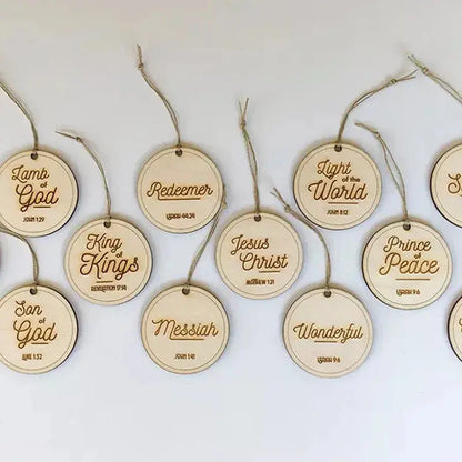 Advent Ornament Set with Wooden Name Ornaments and Hanging Cords, Engraved or Scored Veldora