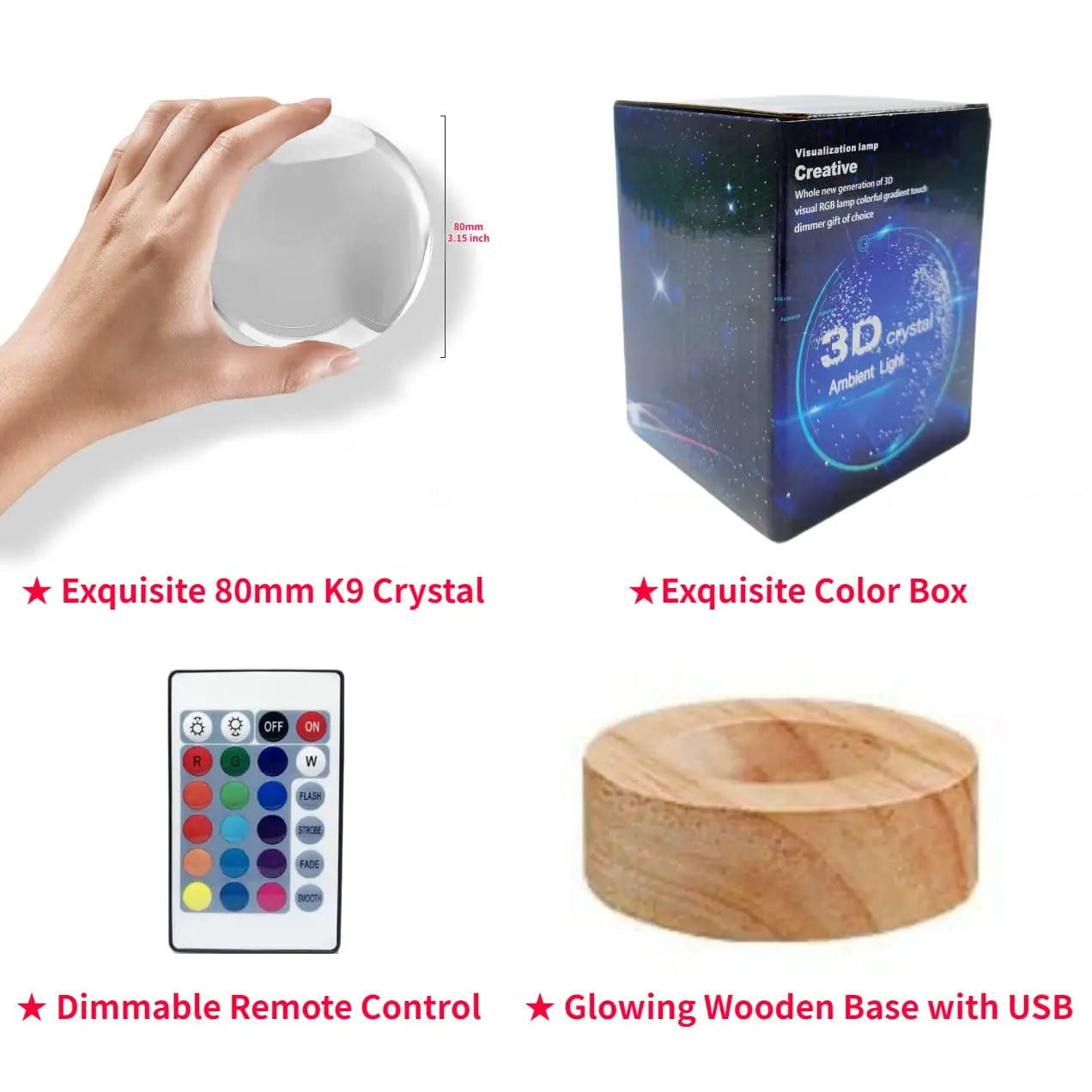 Axolotl Crystal Lamp with Wooden Base and 16-Color LED, USB Powered 3.15 Inch Veldora