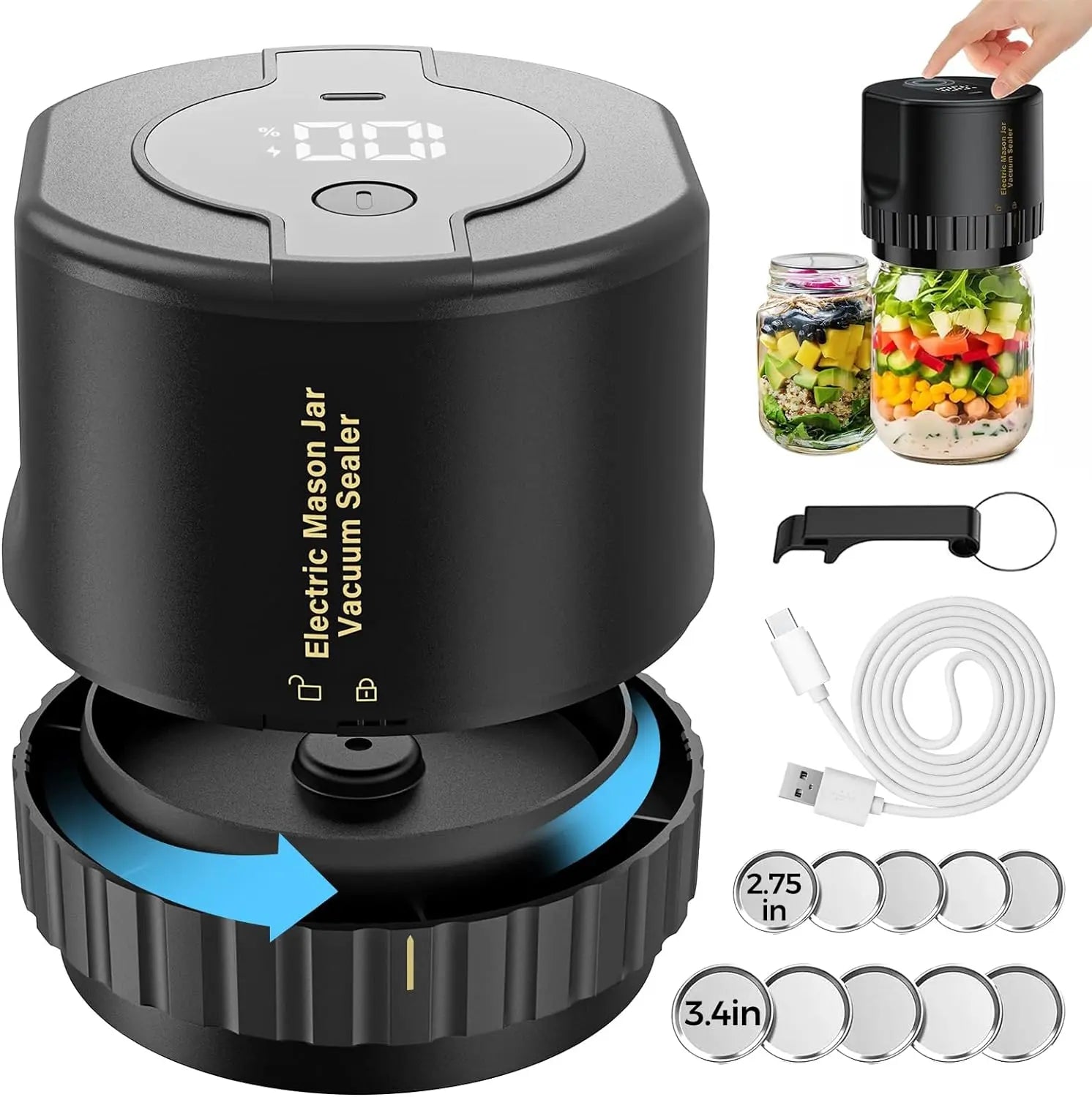 Jar Vacuum Sealer with Rechargeable Cordless Pump and One-Hand Use, Fits Jars Up to 3.4in Veldora