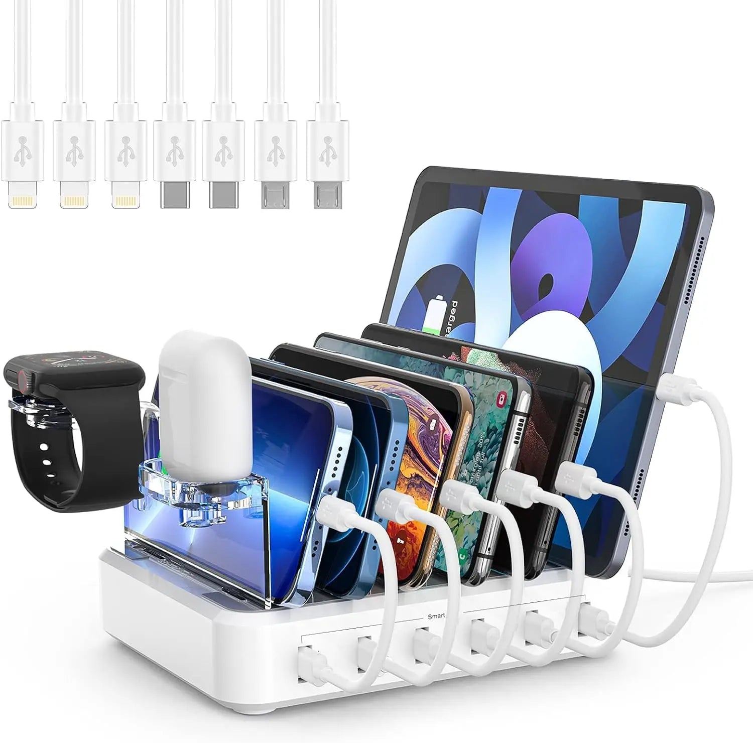 Six-Port Charging Station with Smart Fast Charging and Adjustable Dividers, 7 Cables Veldora