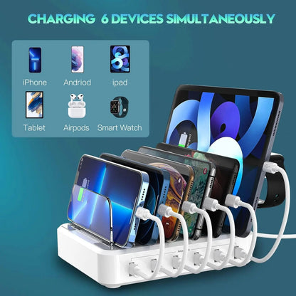 Six-Port Charging Station with Smart Fast Charging and Adjustable Dividers, 7 Cables Veldora