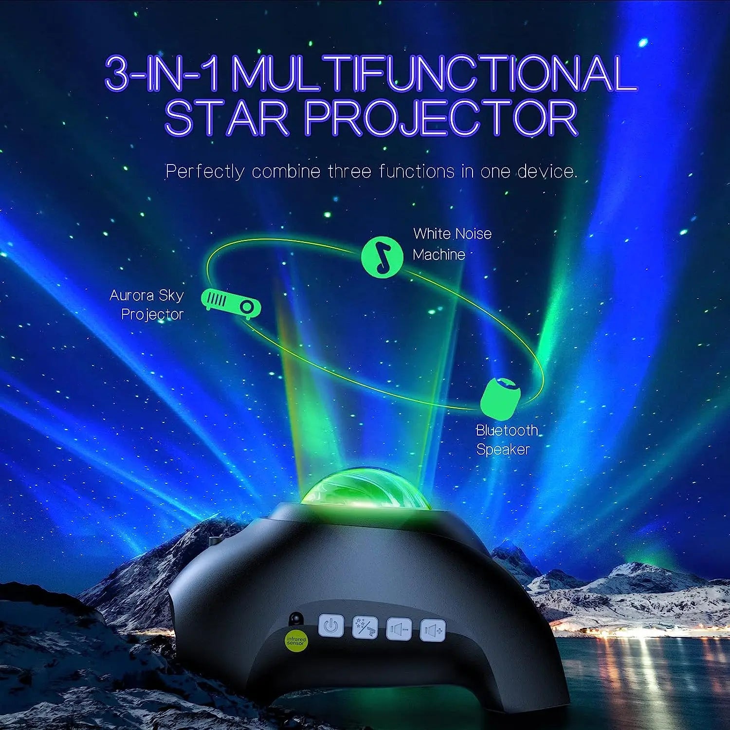Northern Lights Projector with Bluetooth Speaker and Star Field Mode, Remote Included Veldora