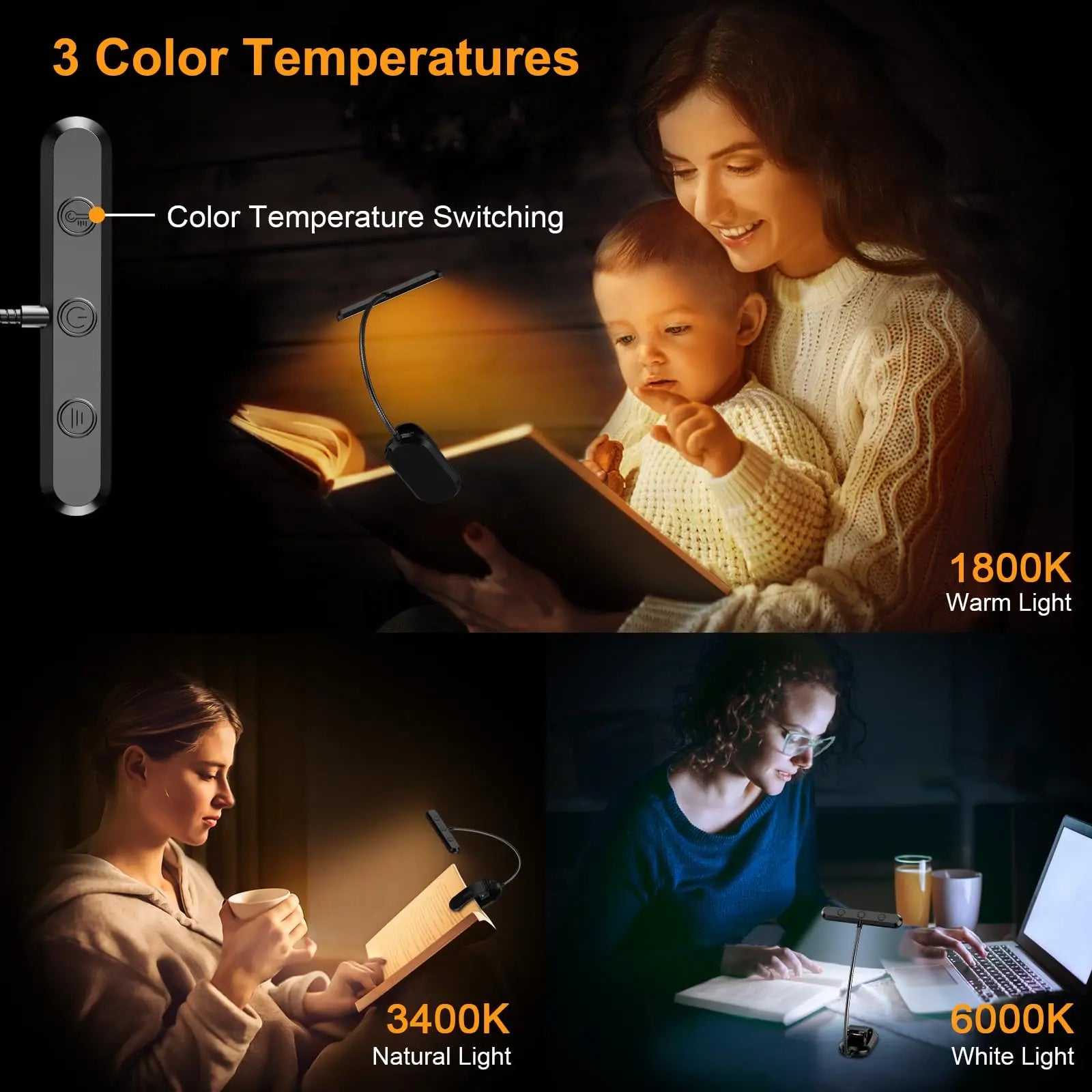 Rechargeable Book Light with Wide Head and 360 Degree Gooseneck, USB-C Veldora