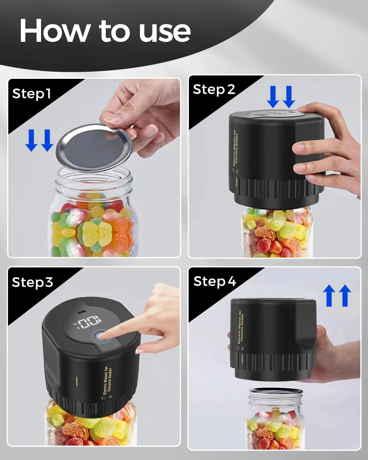 Jar Vacuum Sealer with Rechargeable Cordless Pump and One-Hand Use, Fits Jars Up to 3.4in Veldora