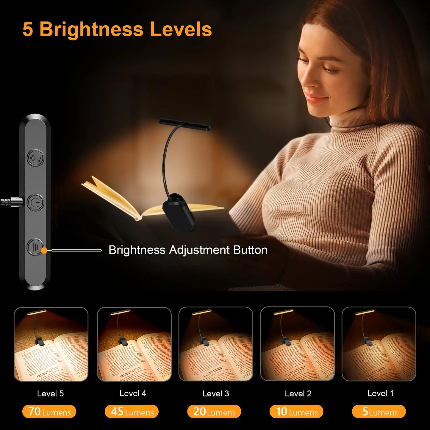 Rechargeable Book Light with Wide Head and 360 Degree Gooseneck, USB-C Veldora