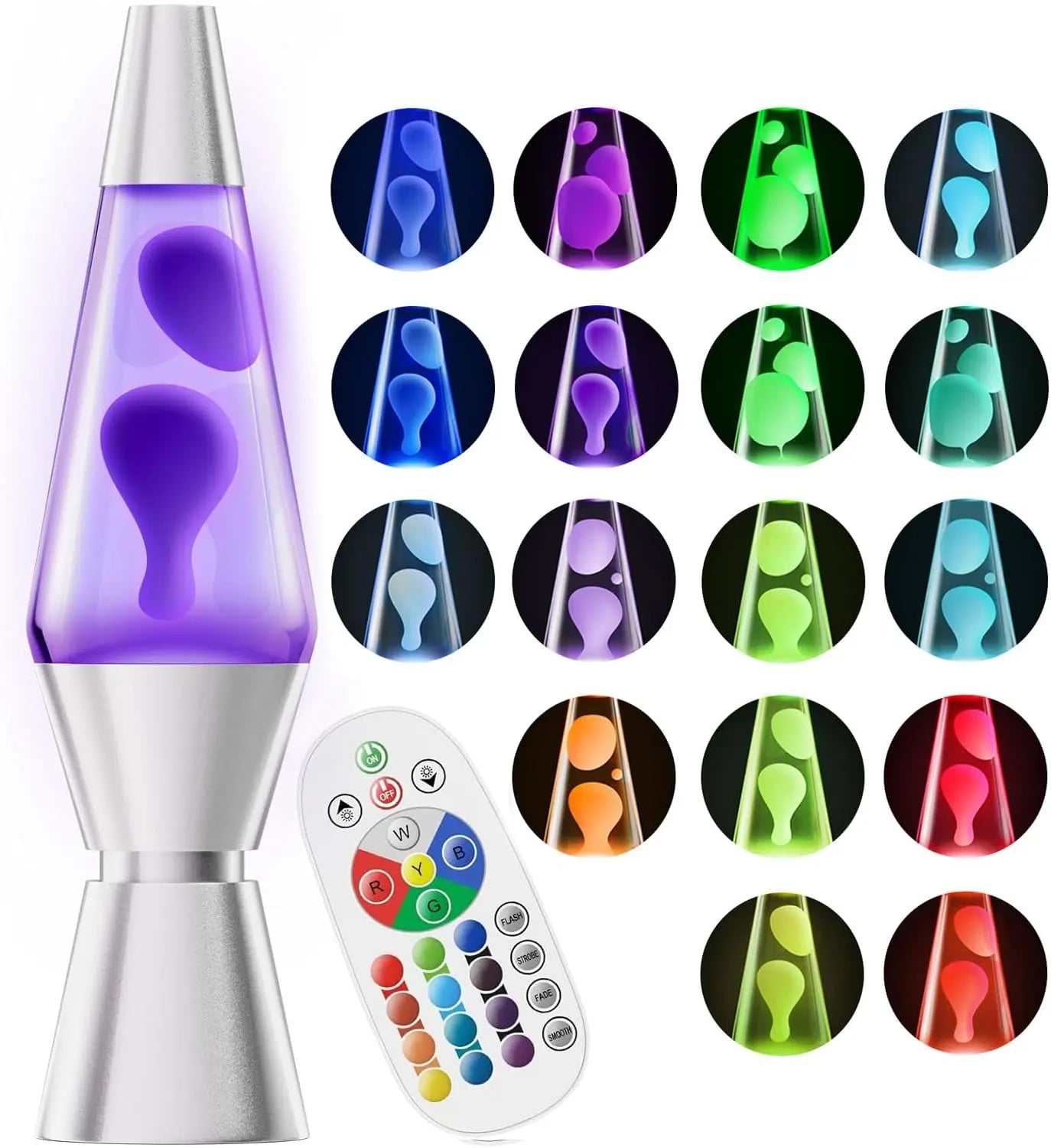 LED Lava Lamp with 17 RGBW Colors and Remote Control, 14.5in Metallic Finish Veldora