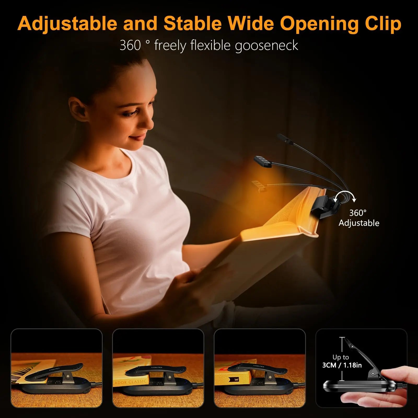 Rechargeable Book Light with Wide Head and 360 Degree Gooseneck, USB-C Veldora