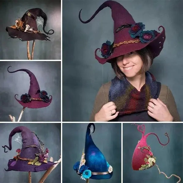 Felt Witch Hat with Silk Chiffon Trim and Adjustable One-Size Fit, Breathable Wool Veldora