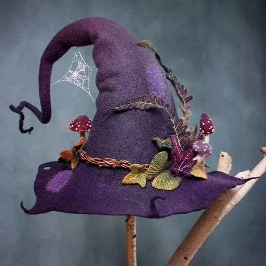 Felt Witch Hat with Silk Chiffon Trim and Adjustable One-Size Fit, Breathable Wool Veldora