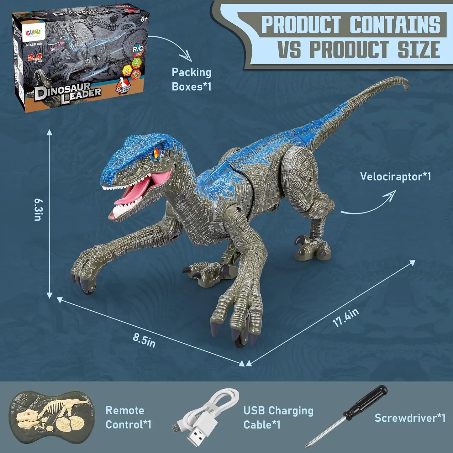 RC Dinosaur with Rechargeable Battery and Realistic Sound, 2.4GHz Remote Veldora