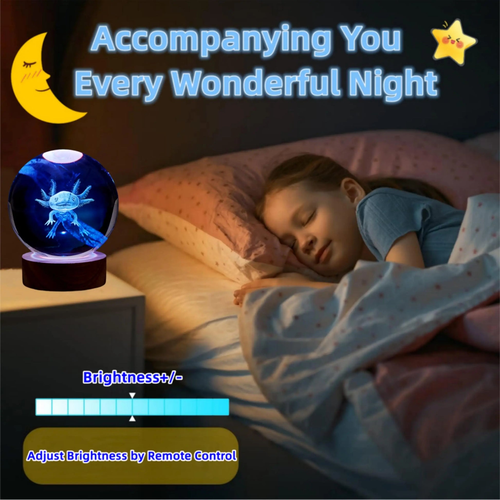 Axolotl Crystal Lamp with Wooden Base and 16-Color LED, USB Powered 3.15 Inch Veldora