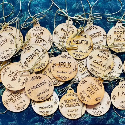 Advent Ornament Set with Wooden Name Ornaments and Hanging Cords, Engraved or Scored Veldora