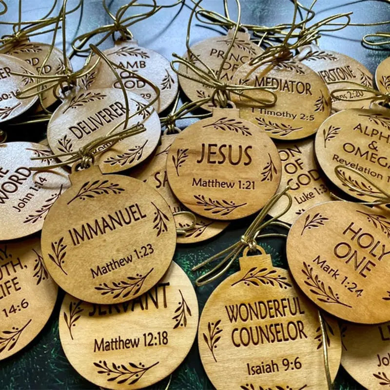 Advent Ornament Set with Wooden Name Ornaments and Hanging Cords, Engraved or Scored Veldora