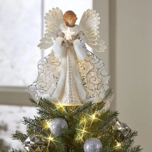 Angel Tree Topper with Moving Wings and Fiber Optic Lighting, 12 in Height, 10-Foot Cable Veldora