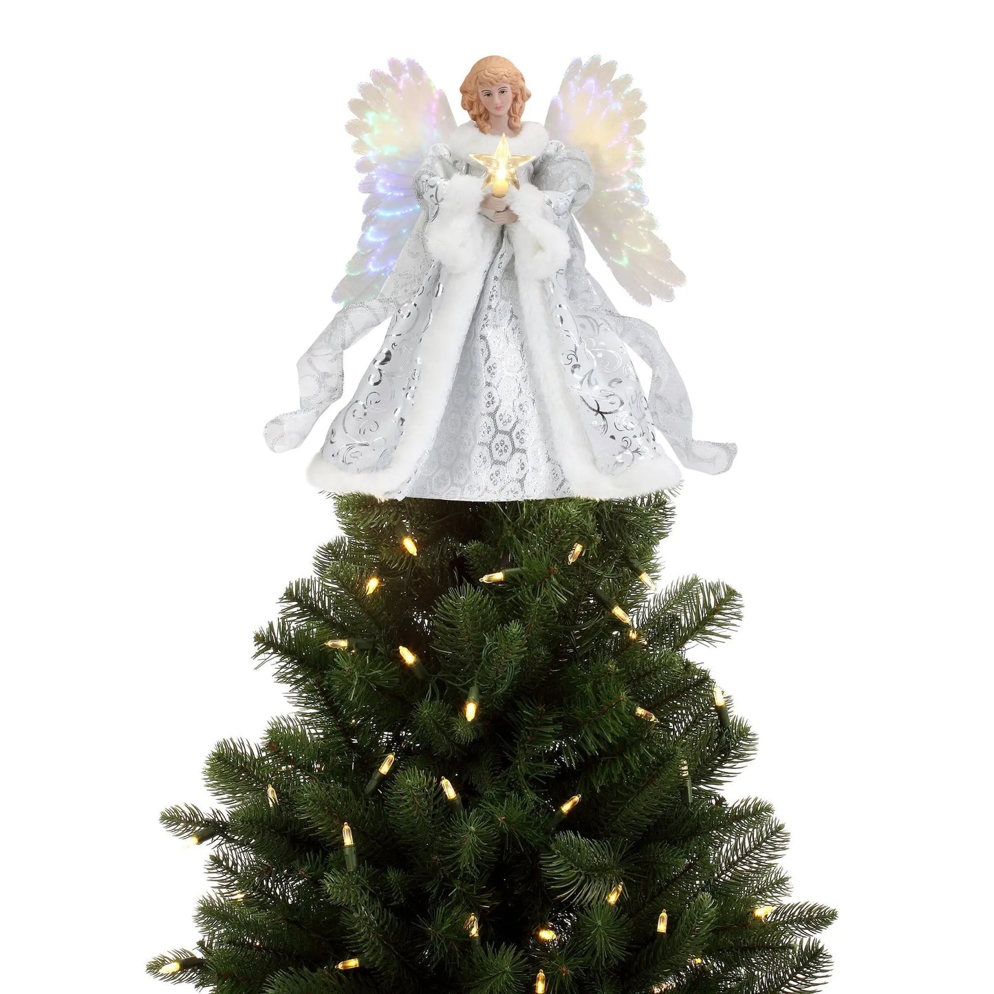 Angel Tree Topper with Moving Wings and Fiber Optic Lighting, 12 in Height, 10-Foot Cable Veldora