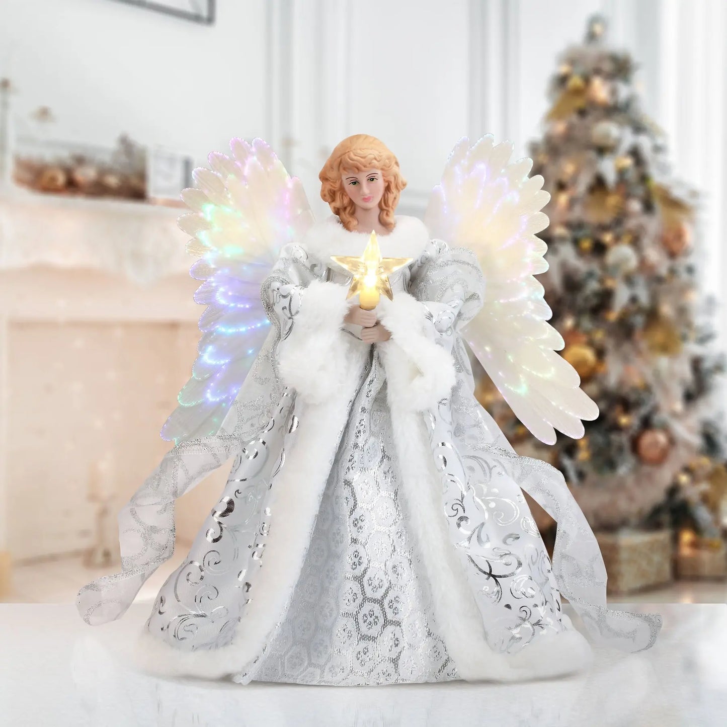 Angel Tree Topper with Moving Wings and Fiber Optic Lighting, 12 in Height, 10-Foot Cable Veldora