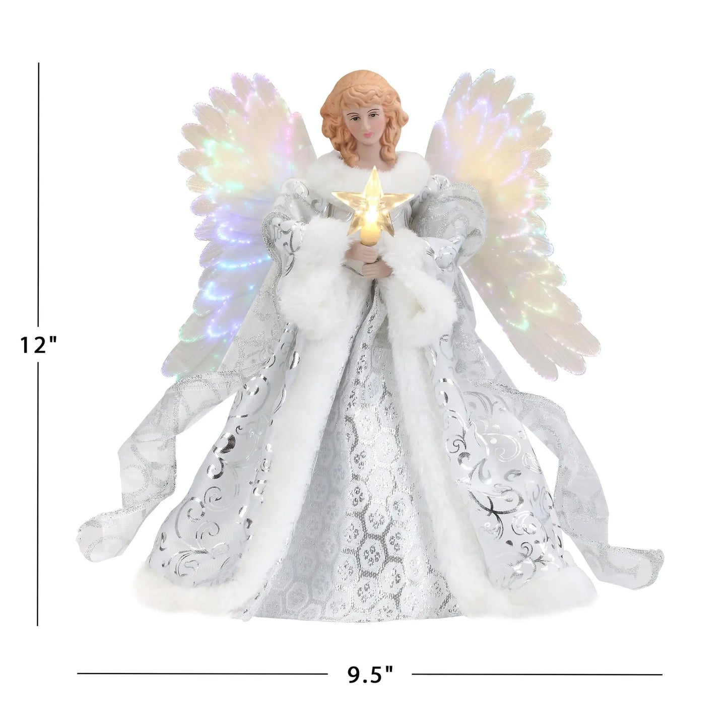 Angel Tree Topper with Moving Wings and Fiber Optic Lighting, 12 in Height, 10-Foot Cable Veldora
