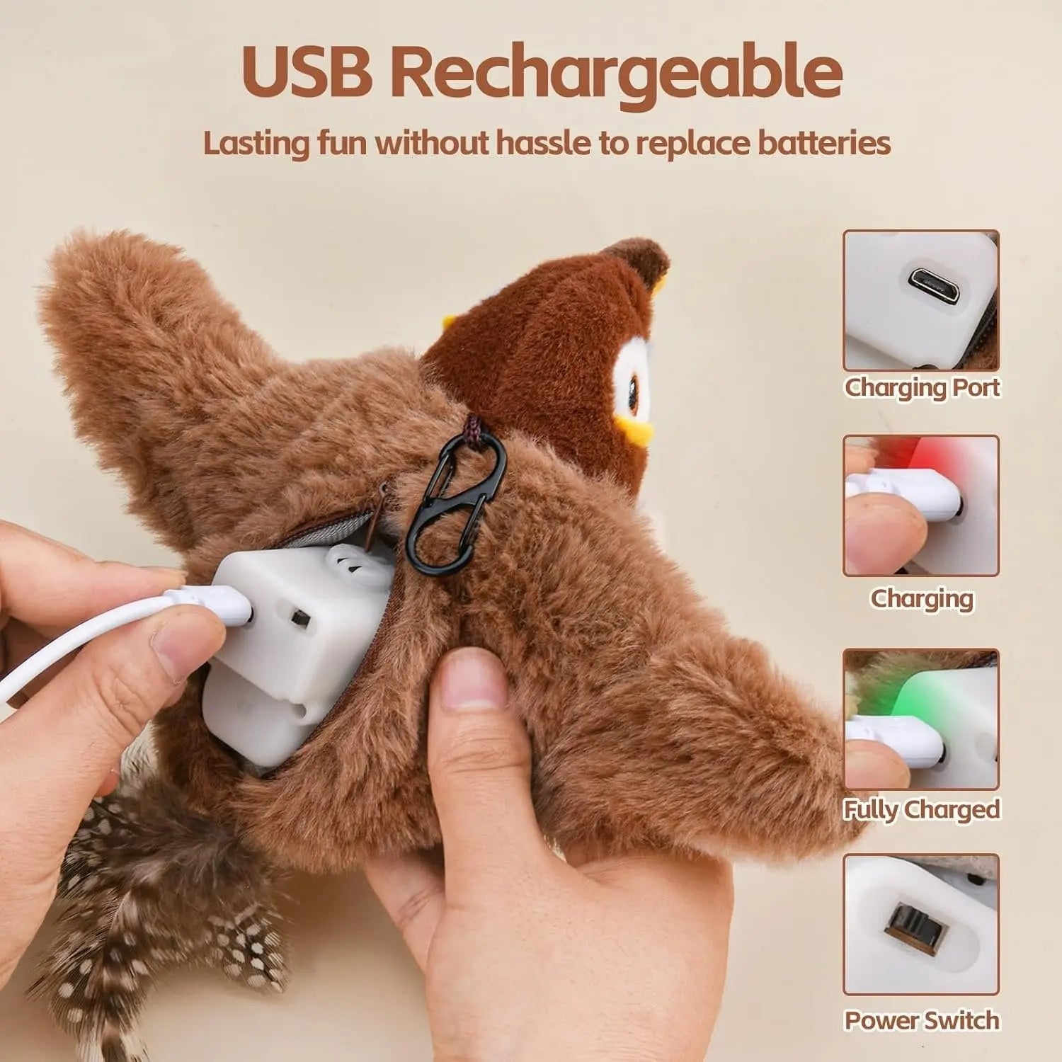 Interactive Cat Toy with Motion-Activated Chirps and Feather Tail, USB Rechargeable Veldora