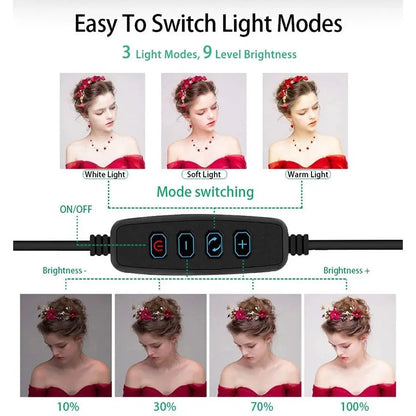 Ring Light with Tripod and 360° Phone Holder, 3 Color Modes, 10 Brightness Levels Veldora