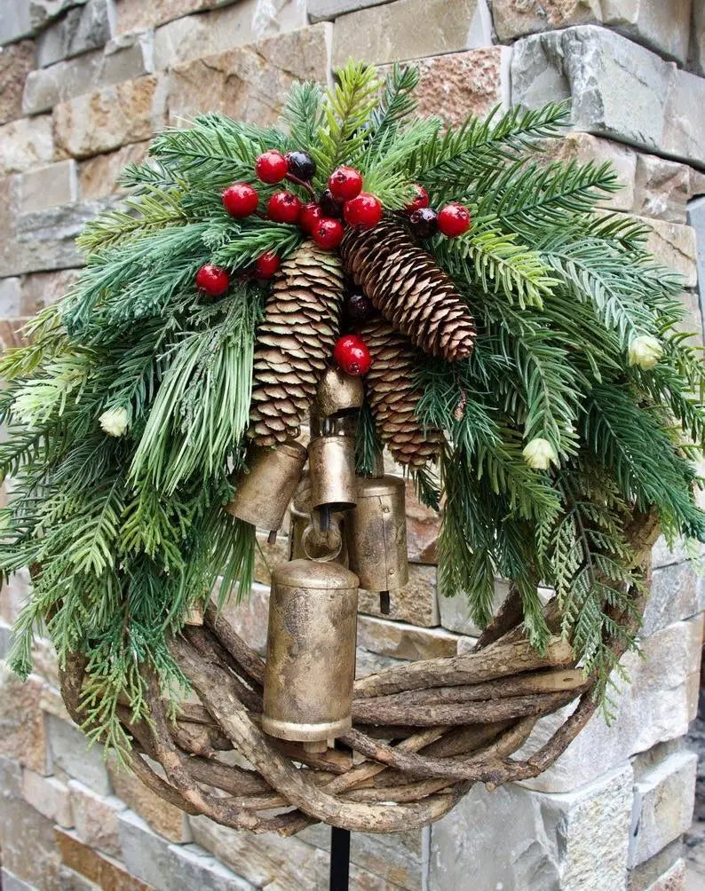 Christmas Wreath with Vine Base and Metal Bells, 17-Inch Rustic Indoor Holiday Decor Veldora