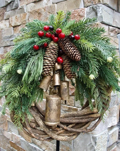 Christmas Wreath with Vine Base and Metal Bells, 17-Inch Rustic Indoor Holiday Decor Veldora