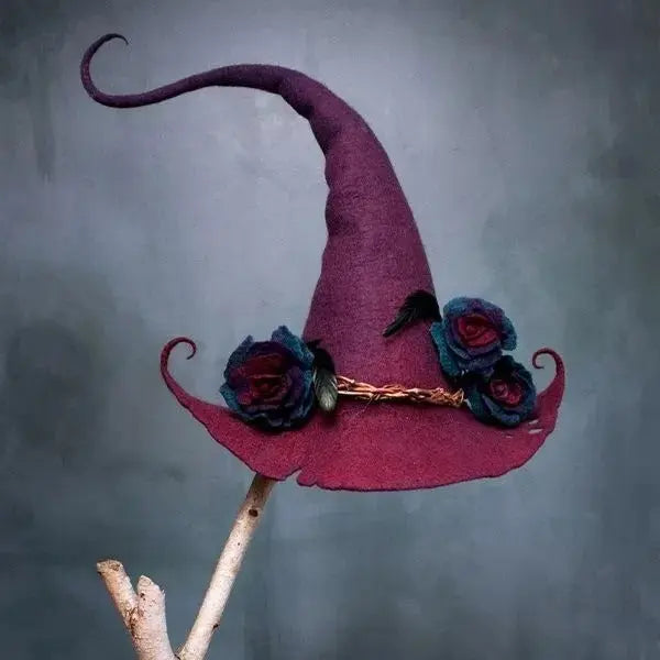 Felt Witch Hat with Silk Chiffon Trim and Adjustable One-Size Fit, Breathable Wool Veldora