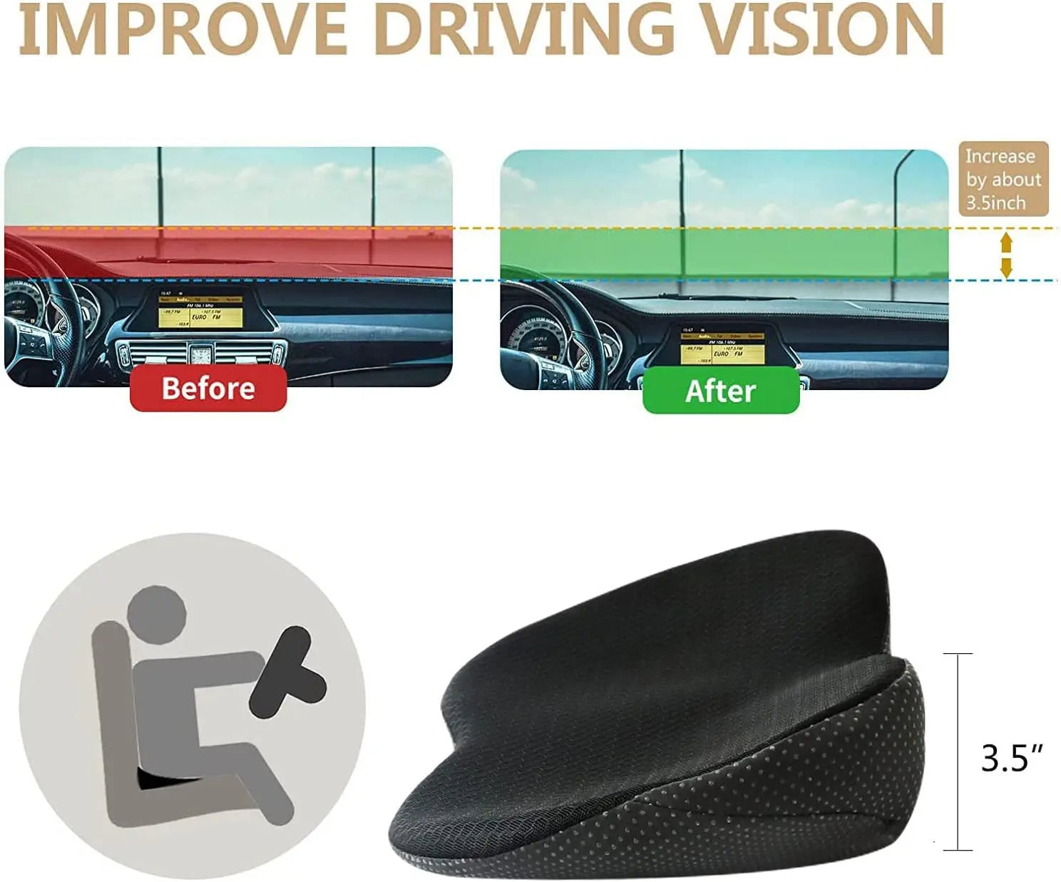 Car Seat Cushion with Memory Foam and 3.5-Inch Lift, Breathable Zippered Cover Veldora