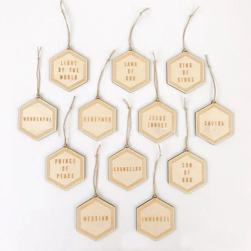 Advent Ornament Set with Wooden Name Ornaments and Hanging Cords, Engraved or Scored Veldora