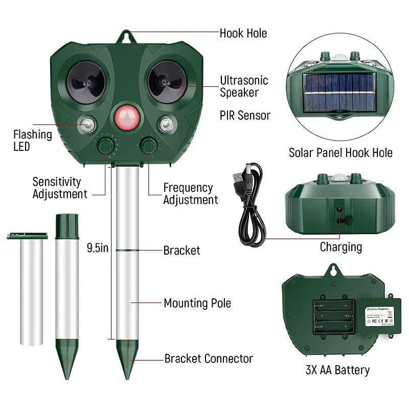 Ultrasonic Bird Deterrent with Solar Charging and USB Backup, 30-Foot Range Veldora