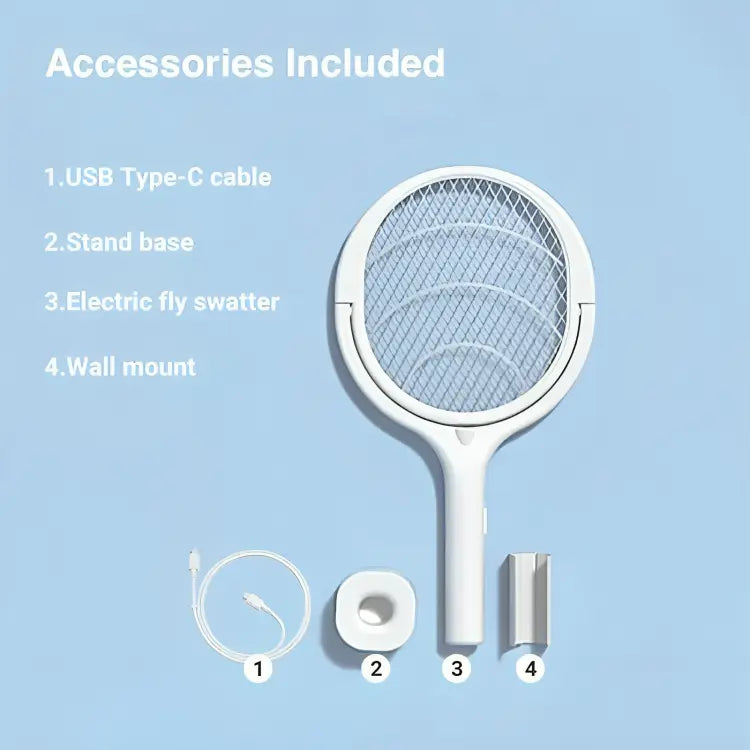 Electric Bug Zapper Racket with USB-C Fast Charging and Adjustable Head, Includes Stand Veldora