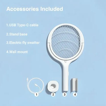 Electric Bug Zapper Racket with USB-C Fast Charging and Adjustable Head, Includes Stand Veldora