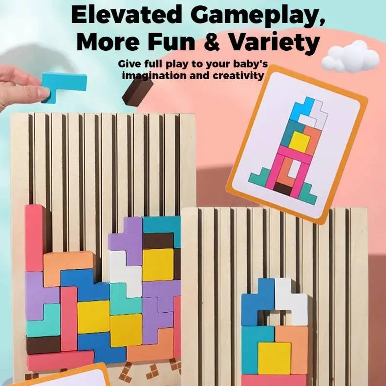 Wooden Shape Puzzle Set with 42 Blocks and 10 Double-Sided Cards, Foldout Stand Veldora