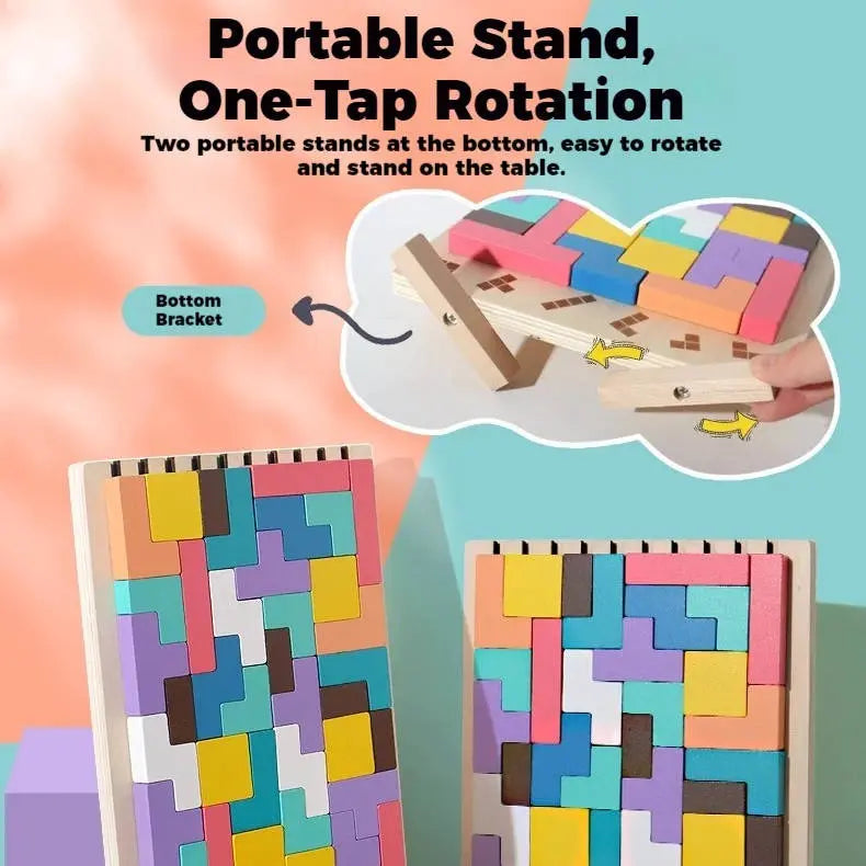 Wooden Shape Puzzle Set with 42 Blocks and 10 Double-Sided Cards, Foldout Stand Veldora