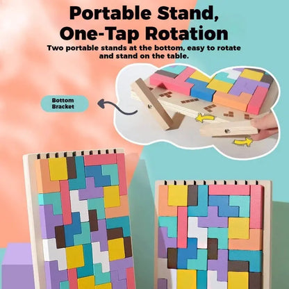 Wooden Shape Puzzle Set with 42 Blocks and 10 Double-Sided Cards, Foldout Stand Veldora