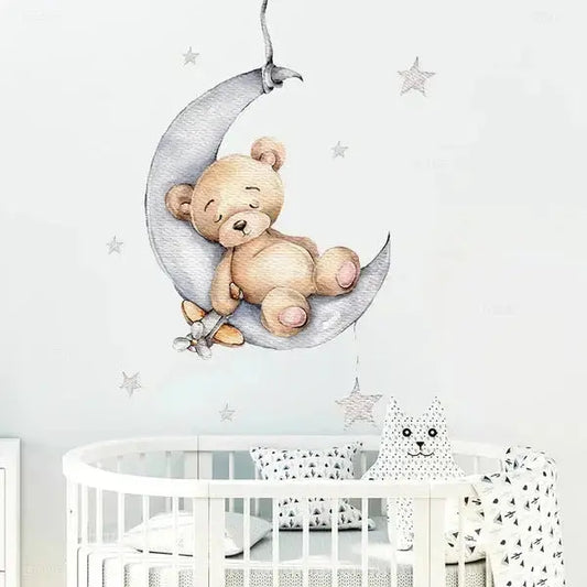 Adorable Cartoon Teddy Bear Sleeping on Moon & Stars Wall Stickers: Perfect Baby Room Decor vanistore-store