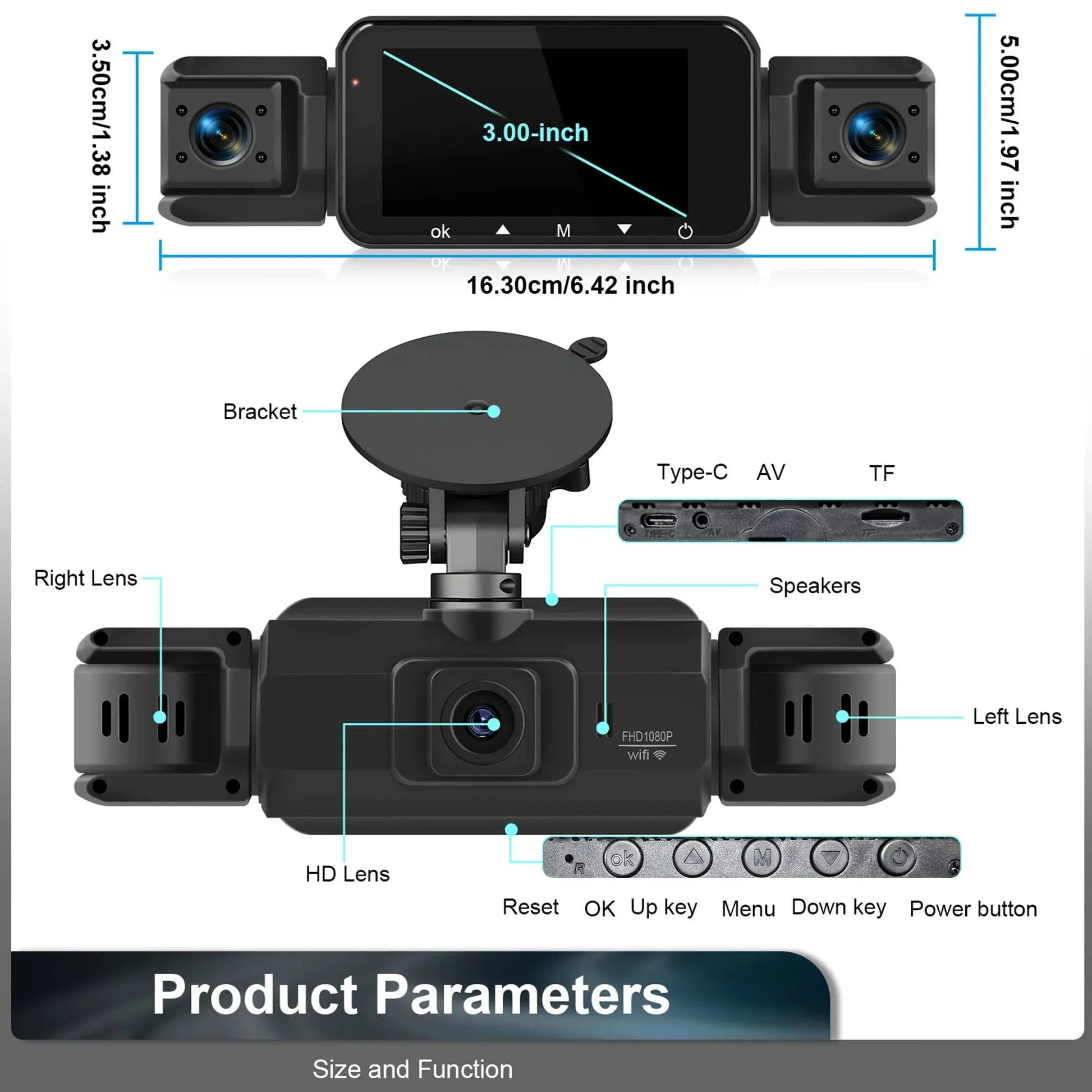 Four-Channel Dash Cam with Night Vision and WiFi App Live View, Front 1080P 170° Veldora