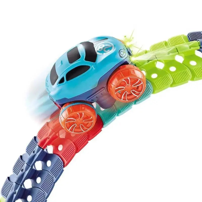 Kids Glow Race Track with Flexible Snap Segments and LED Car, USB Rechargeable Veldora