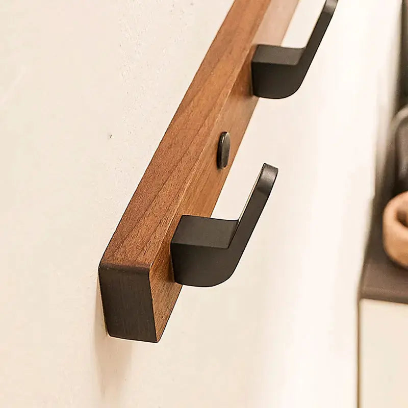 Wall-Mounted Coat Rack with Solid Wood Base and Metal Hooks, Matte Black Veldora