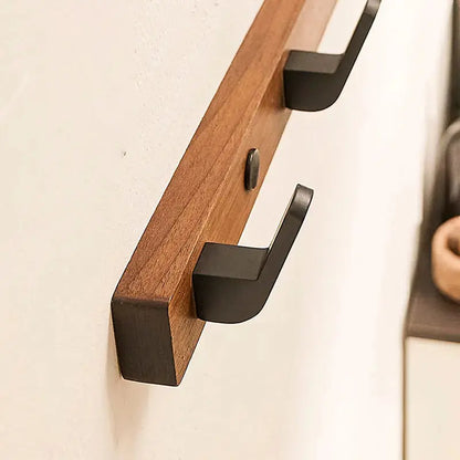 Wall-Mounted Coat Rack with Solid Wood Base and Metal Hooks, Matte Black Veldora